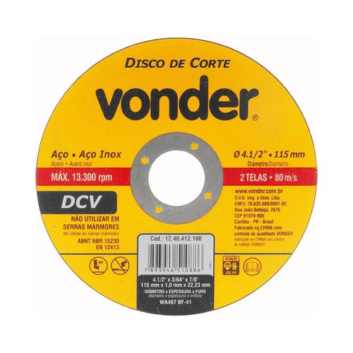 Disco Corte Vonder 115X1,0X22,23 7/8 Inox E Aço 1240412100