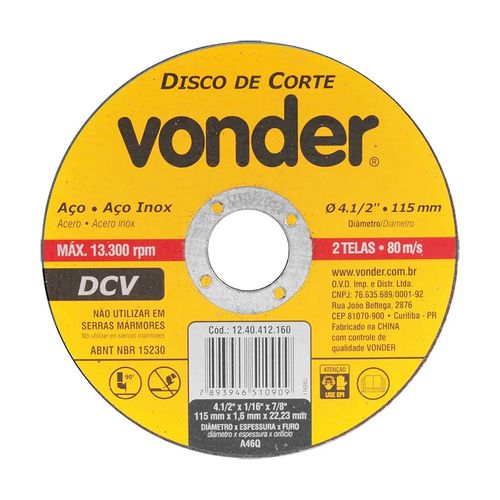 Disco Corte Vonder 115X1,6X22,23 7/8 Inox E Aço 1240412160