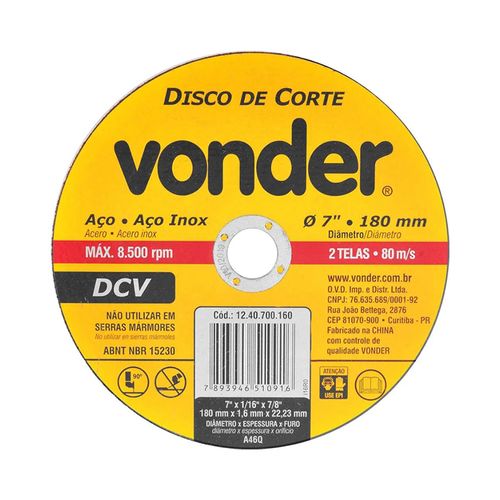 Disco Corte Vonder 180X1,6X22,23 7/8 Inox E Aço 1240700160