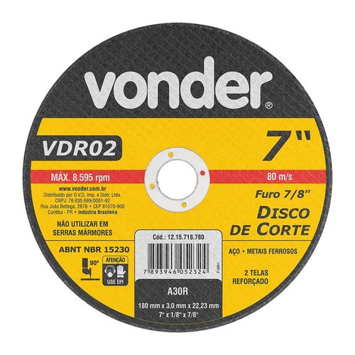 Disco Corte Vonder Vdr02 180X3,0X22,23 7/8 Aço 1215718780
