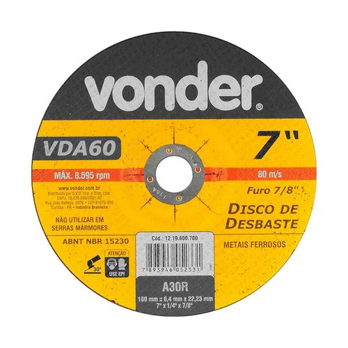 Disco Vonder Desbaste 180x6,4x22,23 7/8" Vda-60 1219600700