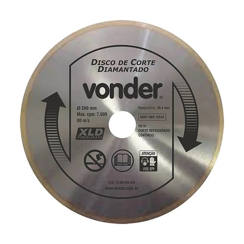 Disco Diamantado Vonder Contínuo 200mm para Porcelanato e Cerâmicas Duras — Ref. 1268800200