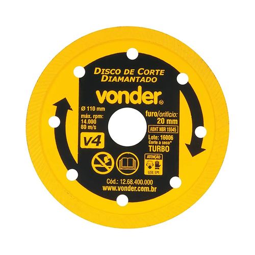 Disco Diamantado Vonder Turbo V4 110mm para Cerâmica com Bucha de Redução — Ref. 1268400000