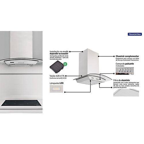 Coifa Tramontina Inox Parede New Vetro 60cm 127V 95800005