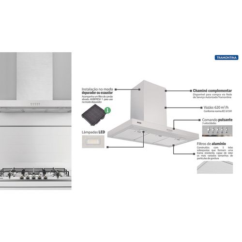 Coifa Tramontina Inox Parede New Dritta 90cm 127V 95800003