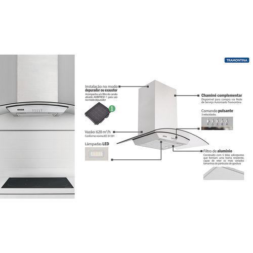 Coifa Tramontina Inox 95800/008 220V New Vetro 90cm