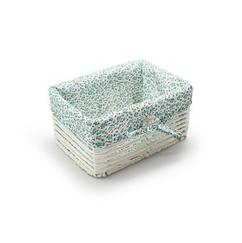 Cesto Decor 23x17cm Branco Com Tecido Flores Verdes