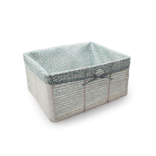 Cesto Decor 44x33cm Branco comTecido Flores Verdes