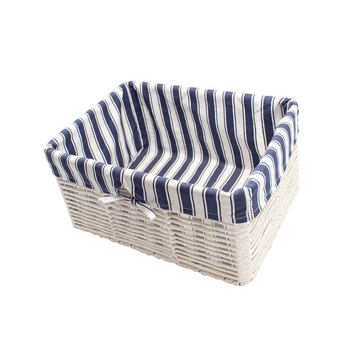 Cesto Decor Branco Com Tecido Listrado Azul 37X27Cm