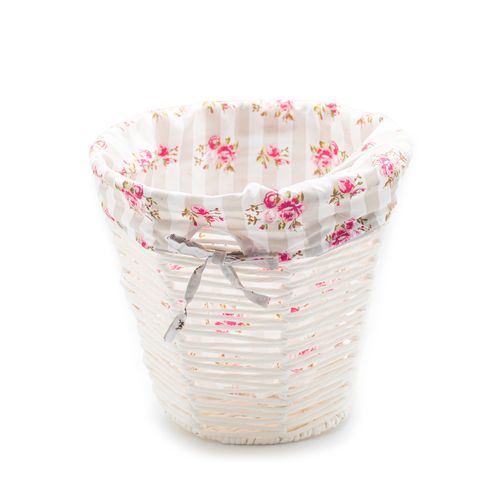 Cesto Decor 28x26cm Branco com Tecido Listrado Floral