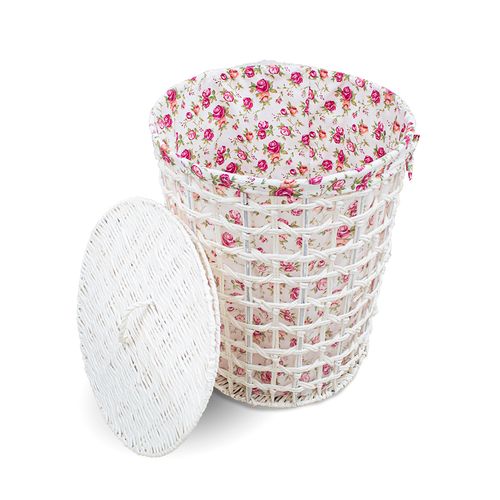 Cesto para Lavatório Decor 44x52cm Branco Tecido Floral Rosa