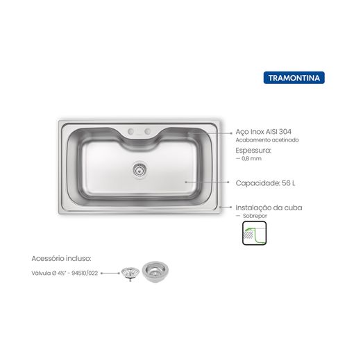 Pia Tramontina Inox 93801/122 86x50 Morgana S/Ace C/Valvula 4.1/2 Sobrepor