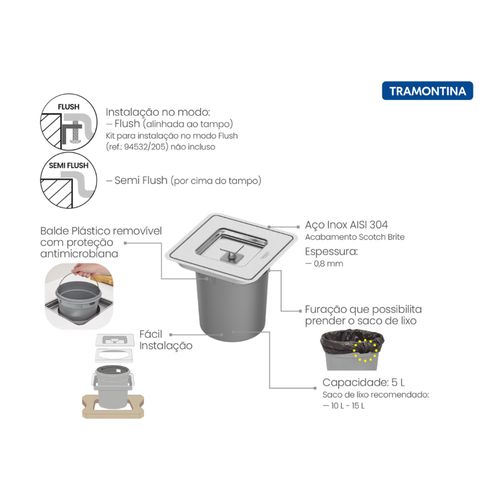 Lixeira Tramontina 94518/205 P/Granito 5L Quadrada 24,8x24,8