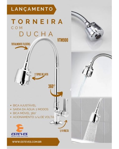 Torneira Esteves C60 Cozinha Mesa Bica Articulada com Ducha Cromado VTM900CWB