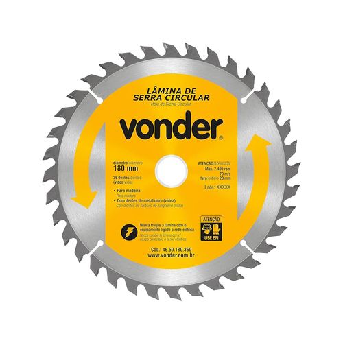 Disco de Serra Vonder Circular Vídea 180x20mm 36 Dentes para Madeira — Ref. 46.50.180.360